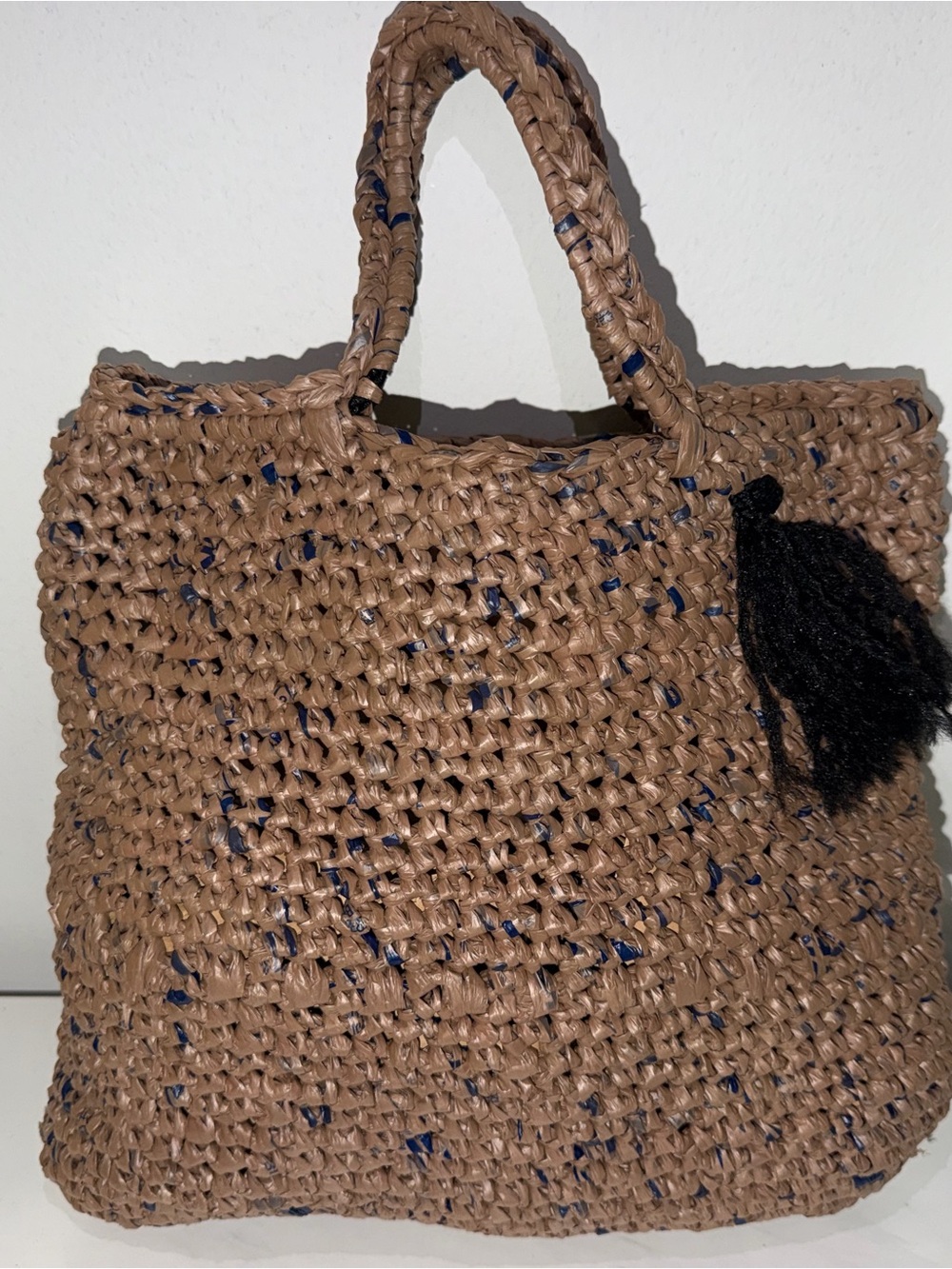 Woven Straw Tote Bag in Tan with Navy Accents